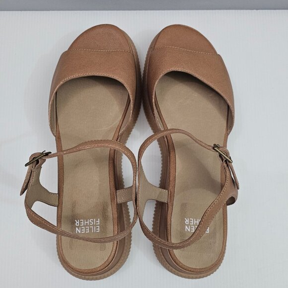 Eileen Fisher Airo Wedge Sandal Womens 9.5 Tan Leather Platform Ankle Strap NEW - Picture 9 of 14
